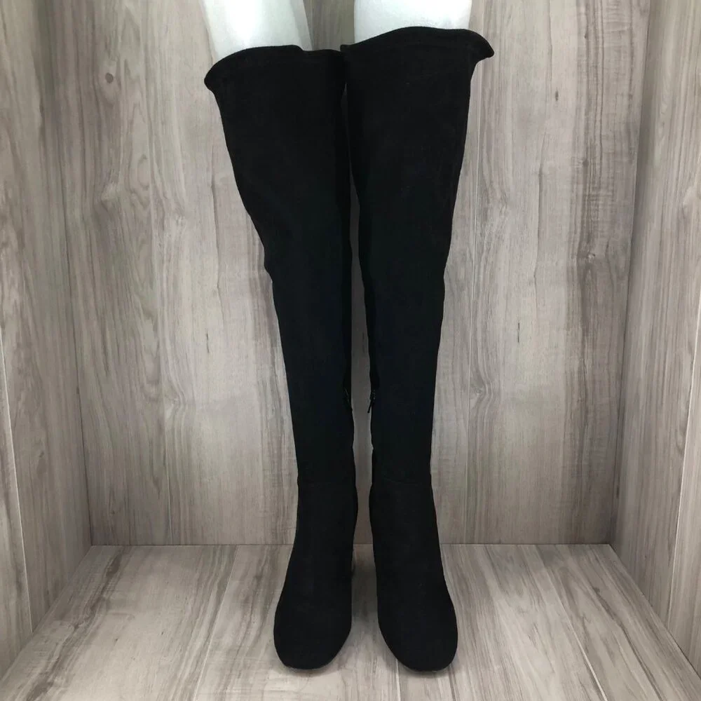 New Look OTK Boots Womens EU 39 Black Faux Suede Pull On Over The Knee